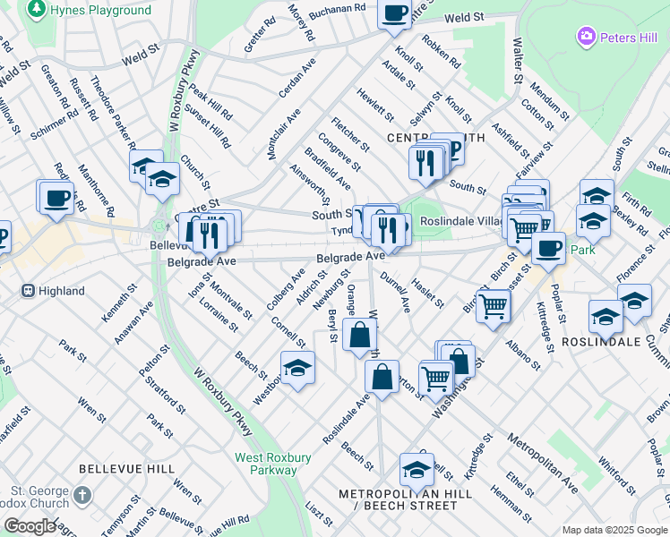 map of restaurants, bars, coffee shops, grocery stores, and more near 193 Belgrade Avenue in Boston