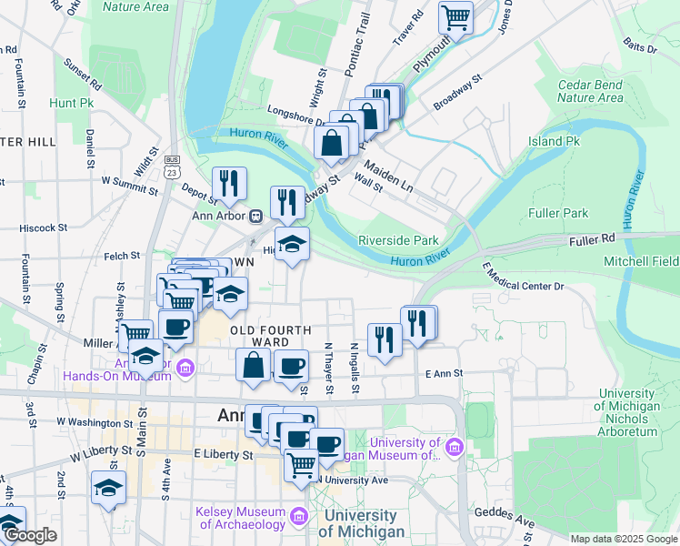 map of restaurants, bars, coffee shops, grocery stores, and more near 218 Fuller Street in Ann Arbor