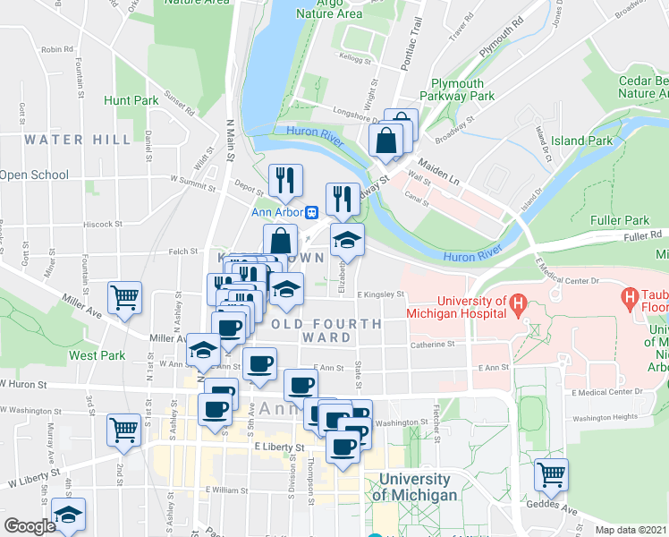 map of restaurants, bars, coffee shops, grocery stores, and more near 504 High Street in Ann Arbor
