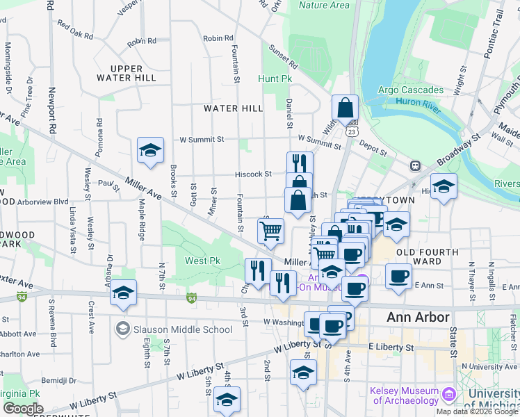 map of restaurants, bars, coffee shops, grocery stores, and more near 607 Spring Street in Ann Arbor