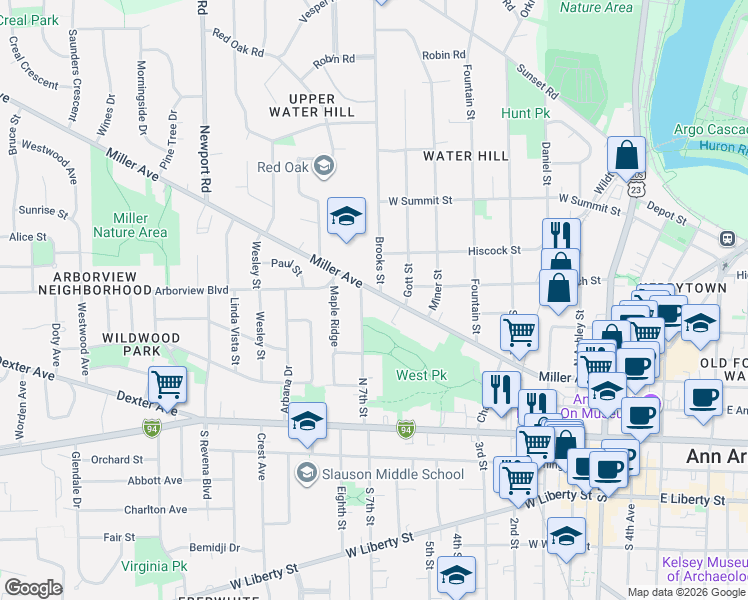 map of restaurants, bars, coffee shops, grocery stores, and more near in Ann Arbor