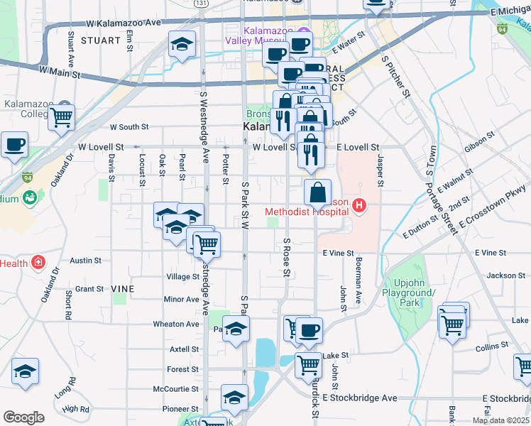 map of restaurants, bars, coffee shops, grocery stores, and more near 218 West Walnut Street in Kalamazoo