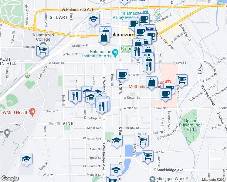 map of restaurants, bars, coffee shops, grocery stores, and more near 432 West Walnut Street in Kalamazoo
