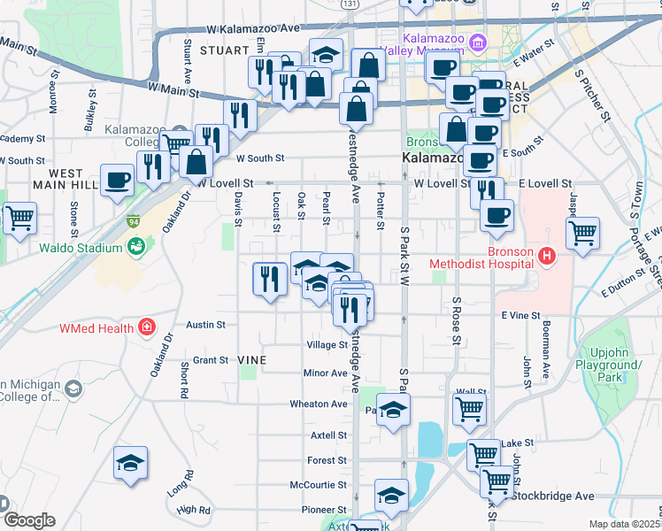 map of restaurants, bars, coffee shops, grocery stores, and more near 606 West Walnut Street in Kalamazoo