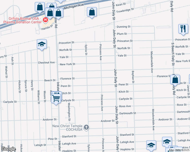 map of restaurants, bars, coffee shops, grocery stores, and more near 26870 Florence Street in Inkster