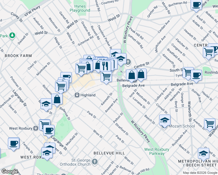 map of restaurants, bars, coffee shops, grocery stores, and more near 416 Belgrade Avenue in Boston