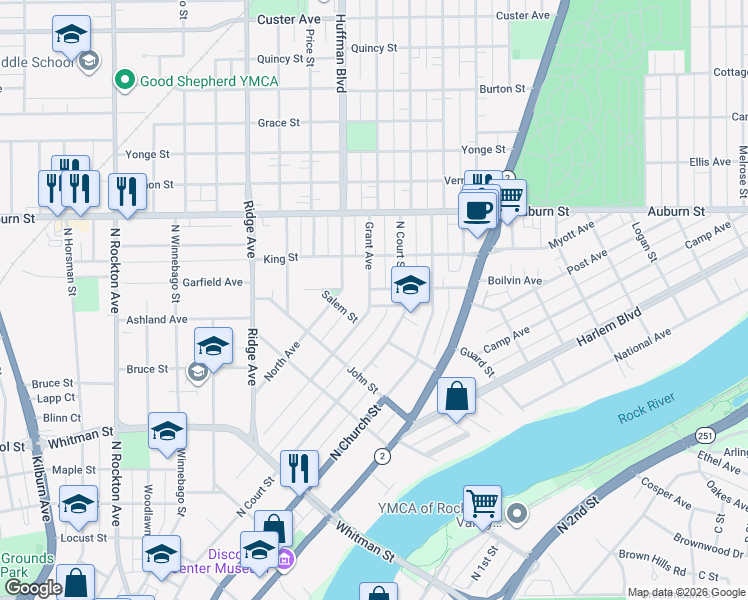map of restaurants, bars, coffee shops, grocery stores, and more near 529 Summer Street in Rockford