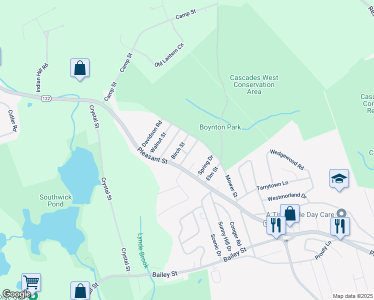 map of restaurants, bars, coffee shops, grocery stores, and more near 15 Mower Street in Paxton