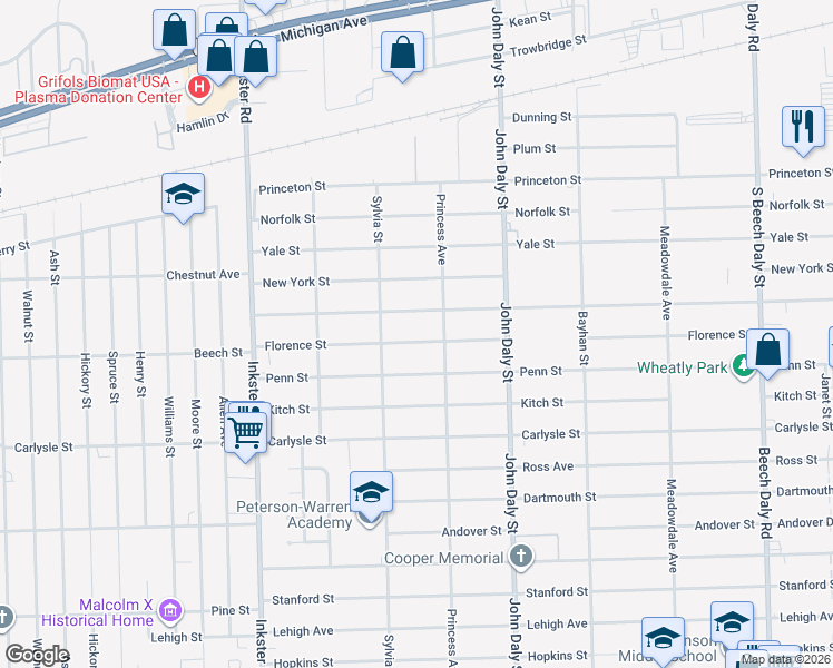 map of restaurants, bars, coffee shops, grocery stores, and more near 26915 Notre Dame Street in Inkster