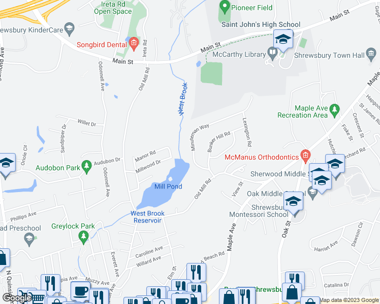 map of restaurants, bars, coffee shops, grocery stores, and more near 11 Minuteman Way in Shrewsbury