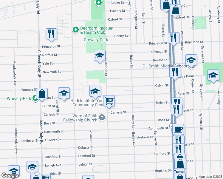 map of restaurants, bars, coffee shops, grocery stores, and more near 3325 Westwood Street in Dearborn