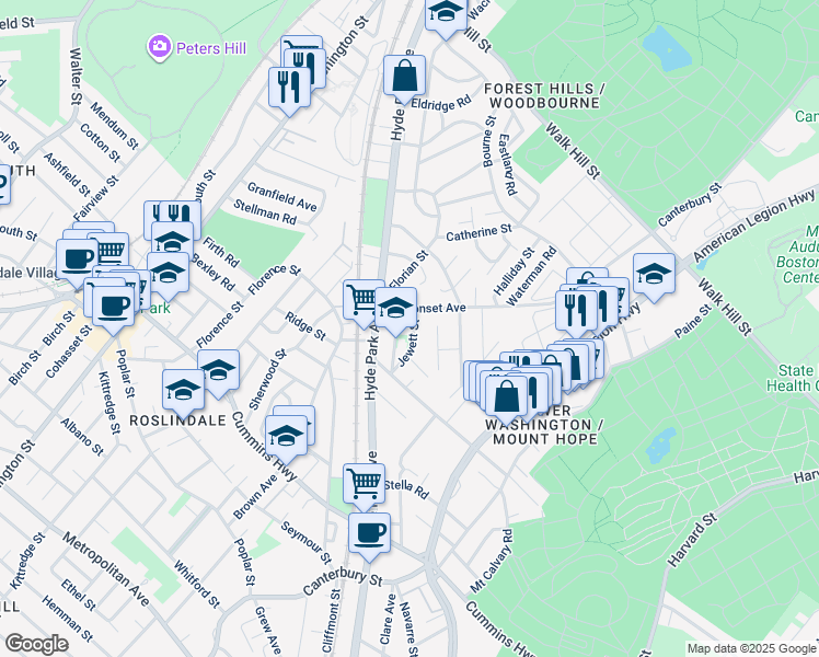 map of restaurants, bars, coffee shops, grocery stores, and more near 15 Jewett Street in Boston