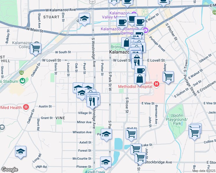 map of restaurants, bars, coffee shops, grocery stores, and more near 557-599 South Park Street West in Kalamazoo