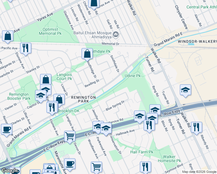 map of restaurants, bars, coffee shops, grocery stores, and more near 1655 Grand Marais Road West in Windsor