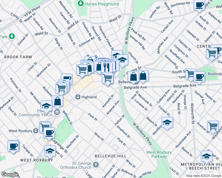 map of restaurants, bars, coffee shops, grocery stores, and more near 1720 Centre Street in Boston