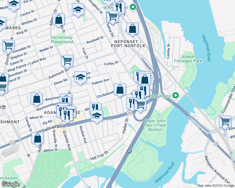map of restaurants, bars, coffee shops, grocery stores, and more near 44 Chickatawbut Street in Boston