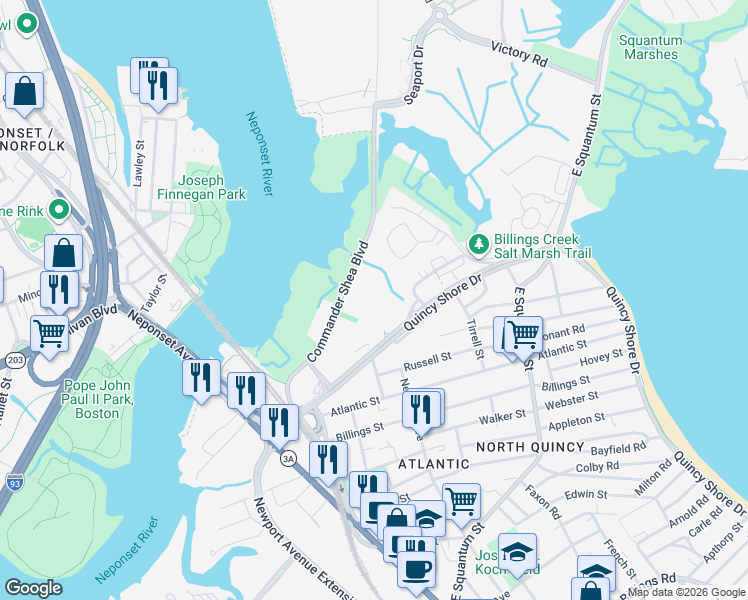 map of restaurants, bars, coffee shops, grocery stores, and more near 158 Quincy Shore Drive in Quincy
