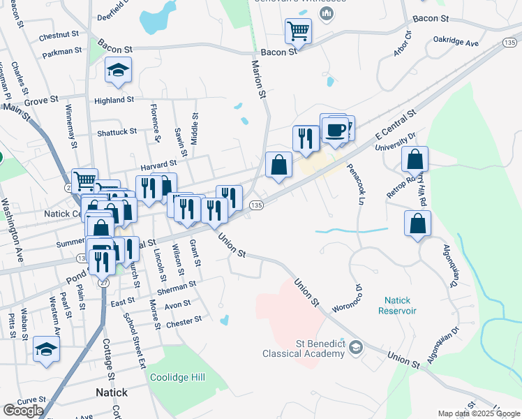 map of restaurants, bars, coffee shops, grocery stores, and more near 119 East Central Street in Natick