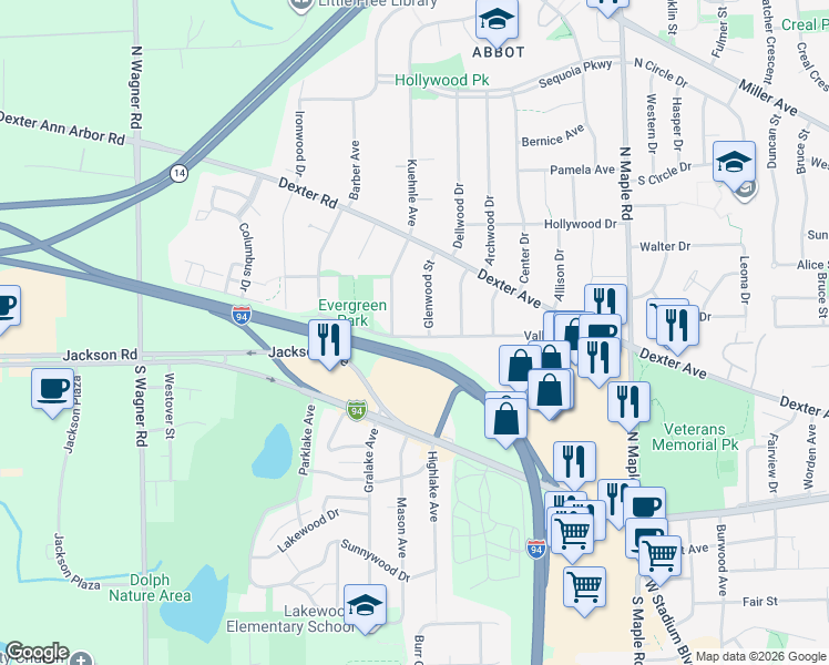 map of restaurants, bars, coffee shops, grocery stores, and more near 2920 Valley Drive in Ann Arbor