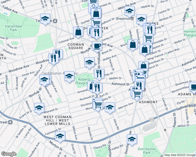 map of restaurants, bars, coffee shops, grocery stores, and more near 5 Dunbar Avenue in Boston