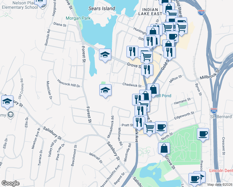 map of restaurants, bars, coffee shops, grocery stores, and more near 101 Chadwick Street in Worcester