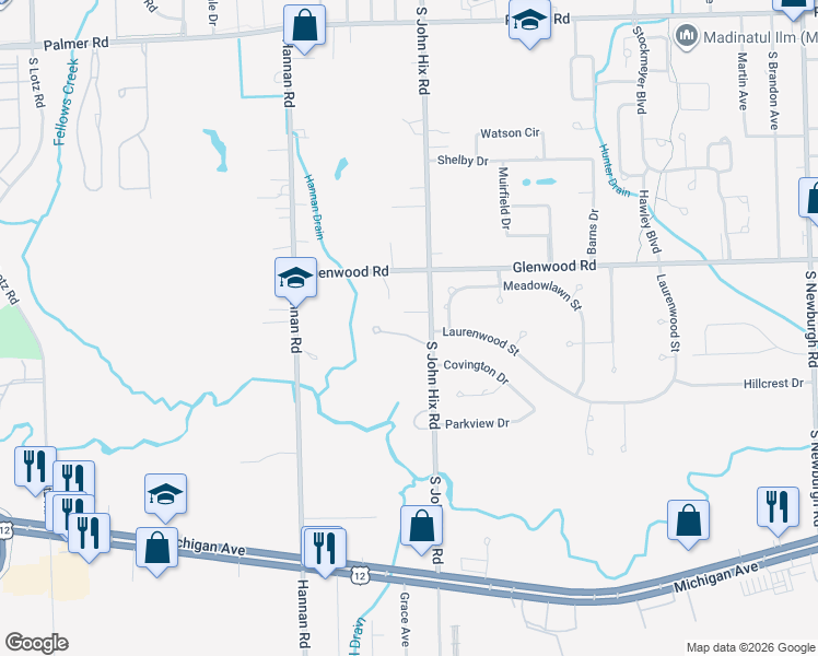 map of restaurants, bars, coffee shops, grocery stores, and more near 38836 Meadowlawn Street in Wayne