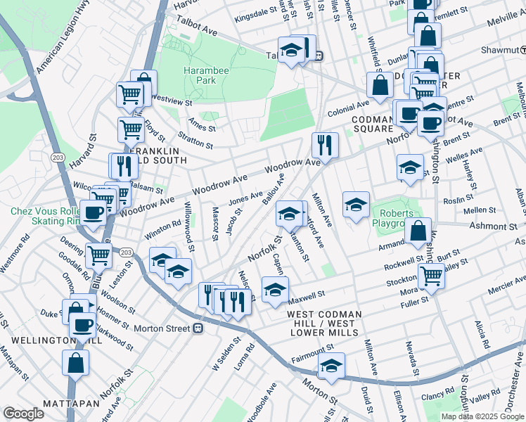 map of restaurants, bars, coffee shops, grocery stores, and more near 16 Jones Avenue in Boston