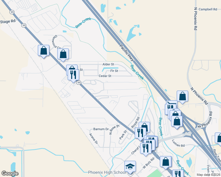 map of restaurants, bars, coffee shops, grocery stores, and more near 93 Ridge Road in Ashland