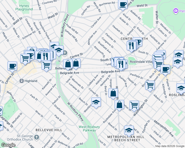 map of restaurants, bars, coffee shops, grocery stores, and more near 261 Belgrade Avenue in Boston