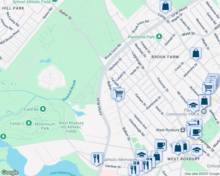 map of restaurants, bars, coffee shops, grocery stores, and more near 6 Lasell Street in West Roxbury