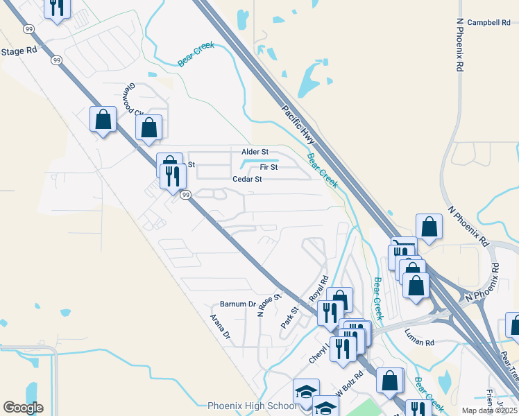 map of restaurants, bars, coffee shops, grocery stores, and more near 93 Ridge Road in Ashland