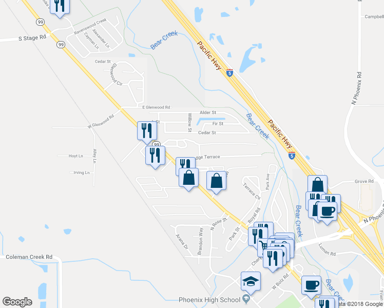 map of restaurants, bars, coffee shops, grocery stores, and more near 8514 East Evans Creek Road in Medford