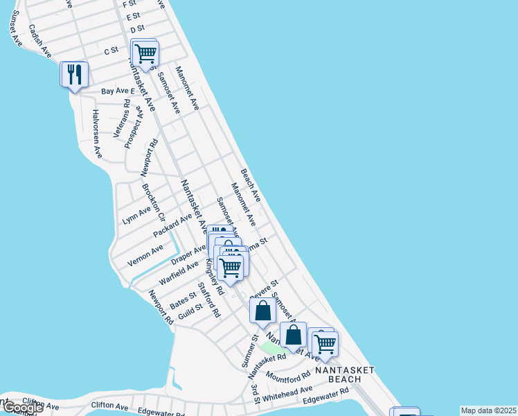 map of restaurants, bars, coffee shops, grocery stores, and more near 107 Beach Avenue in Hull