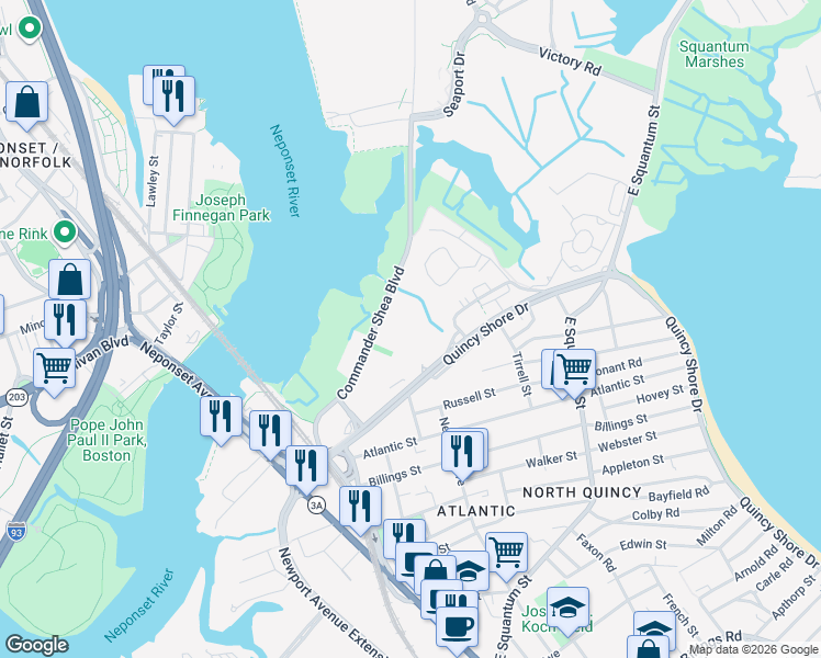 map of restaurants, bars, coffee shops, grocery stores, and more near 158 Quincy Shore Drive in Quincy