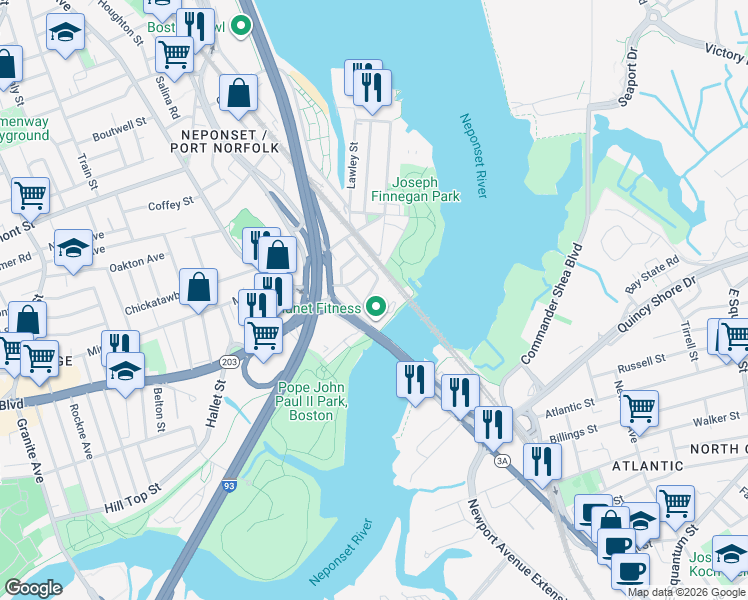 map of restaurants, bars, coffee shops, grocery stores, and more near 31-39 Taylor Street in Boston