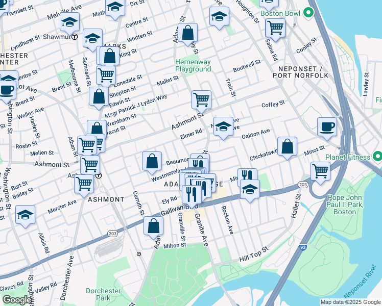 map of restaurants, bars, coffee shops, grocery stores, and more near 29 Helena Road in Boston