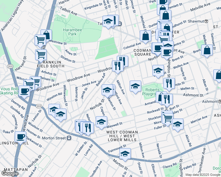 map of restaurants, bars, coffee shops, grocery stores, and more near 174 Norfolk Street in Boston