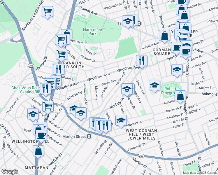 map of restaurants, bars, coffee shops, grocery stores, and more near 41 Jones Avenue in Boston