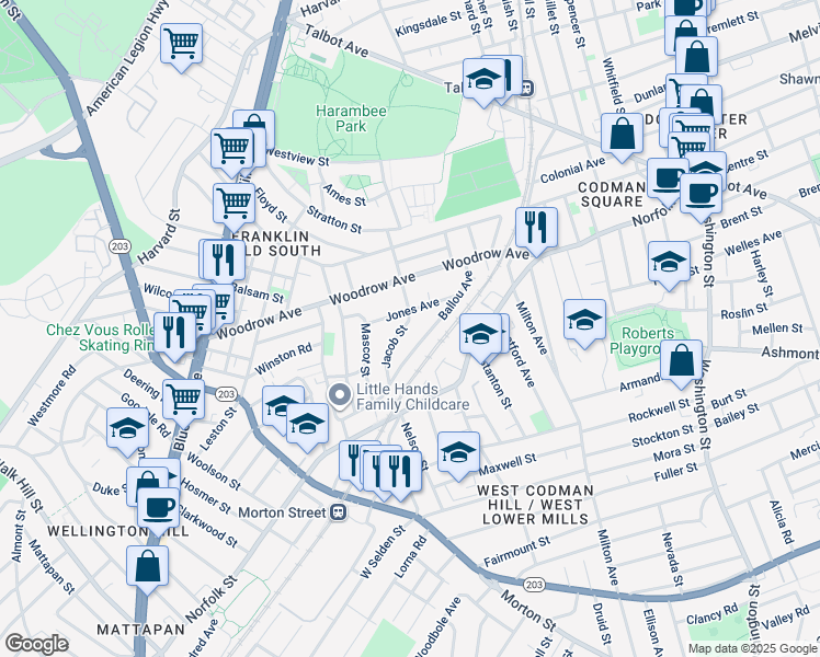 map of restaurants, bars, coffee shops, grocery stores, and more near 41 Jones Avenue in Boston