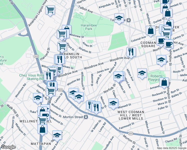 map of restaurants, bars, coffee shops, grocery stores, and more near 10 Mascot Street in Boston