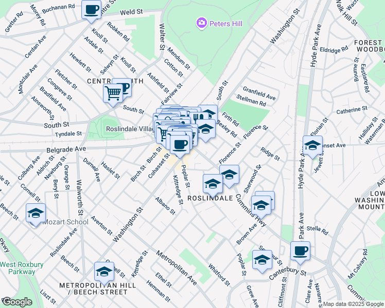 map of restaurants, bars, coffee shops, grocery stores, and more near 67 Poplar Street in Boston