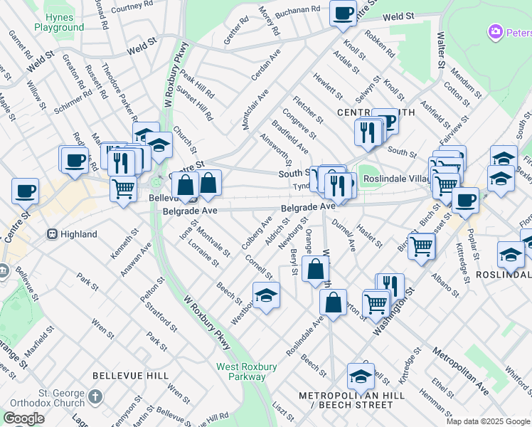 map of restaurants, bars, coffee shops, grocery stores, and more near 227 Belgrade Avenue in Boston