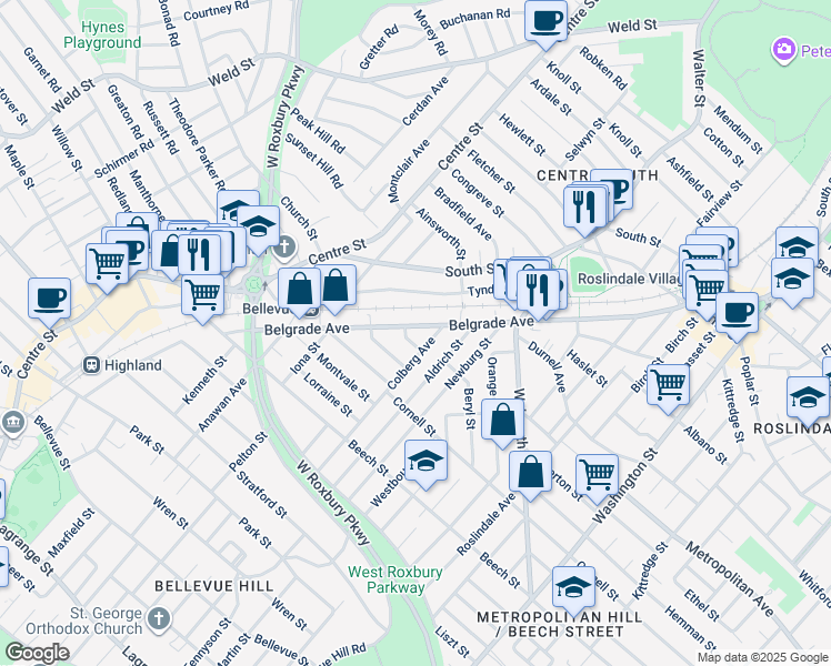 map of restaurants, bars, coffee shops, grocery stores, and more near 261 Belgrade Avenue in Boston