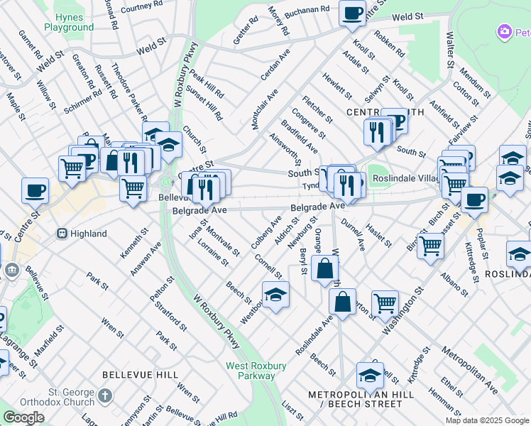 map of restaurants, bars, coffee shops, grocery stores, and more near 261 Belgrade Avenue in Boston