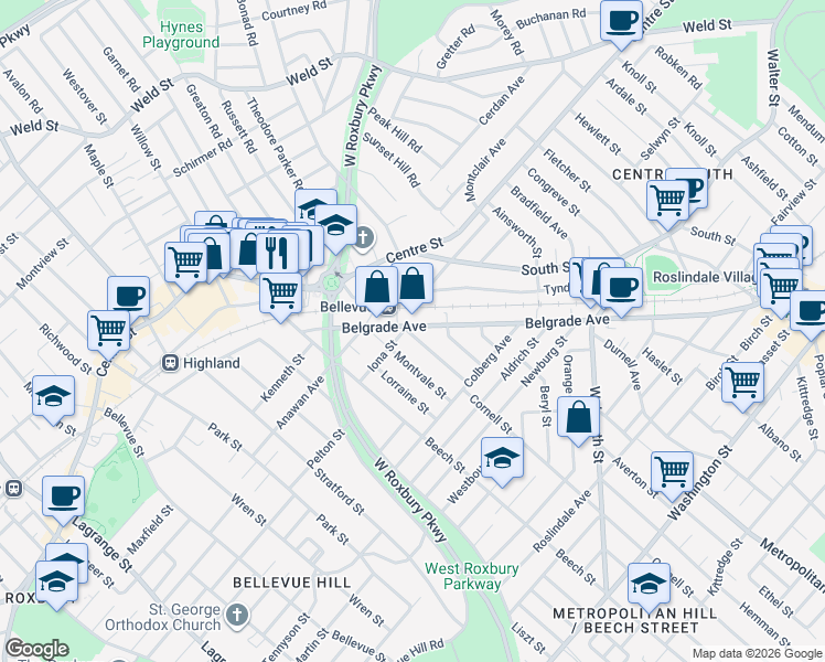 map of restaurants, bars, coffee shops, grocery stores, and more near 4 McCraw Street in Boston