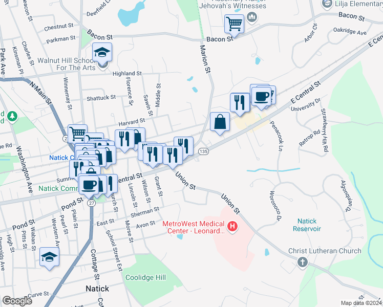 map of restaurants, bars, coffee shops, grocery stores, and more near 22 Marion Street in Natick