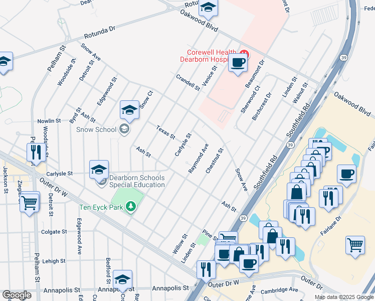 map of restaurants, bars, coffee shops, grocery stores, and more near 1 Carlysle Court in Dearborn