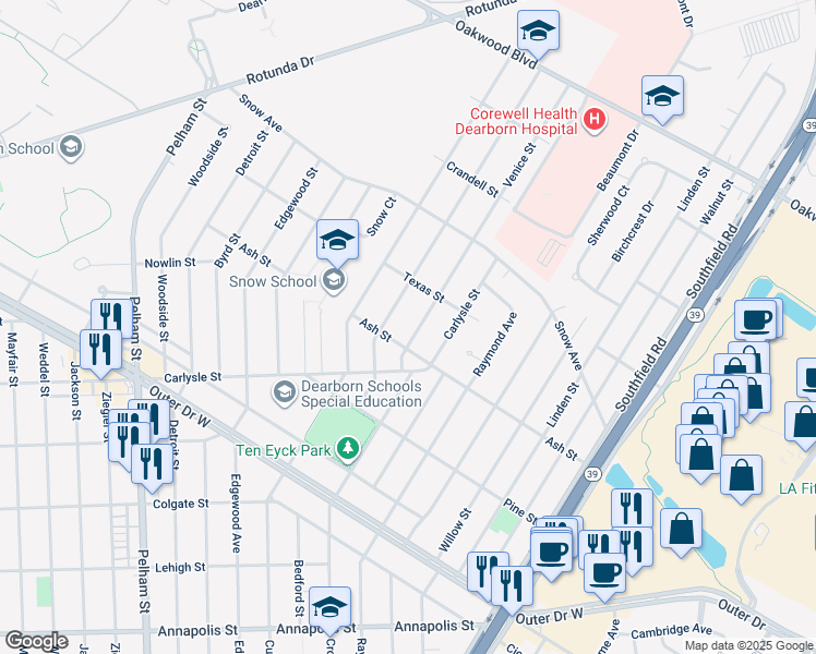 map of restaurants, bars, coffee shops, grocery stores, and more near 2605 Hollywood Street in Dearborn