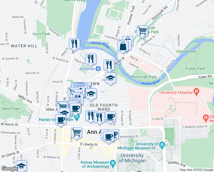 map of restaurants, bars, coffee shops, grocery stores, and more near 504 High Street in Ann Arbor