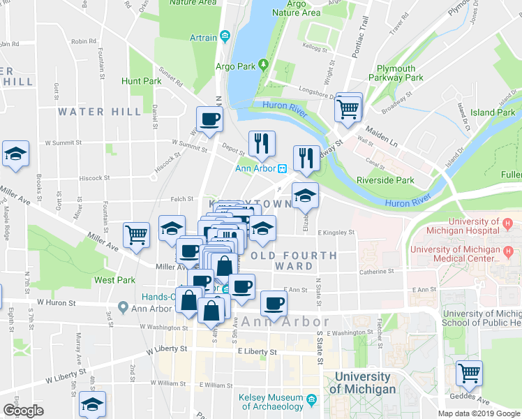 map of restaurants, bars, coffee shops, grocery stores, and more near in Ann Arbor